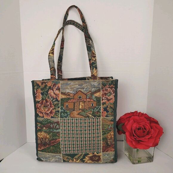RARE 🔥 Pioneer Express Tapestry Tote Farm Flowers Cottage Country Ducks - Picture 1 of 14